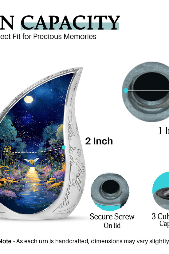 Misty Blue Bee Cremation Urn angled view of lid and engraved motif - rounded teardrop bee design with delicate detail - mini keepsake memorial for portion of cremation ashes