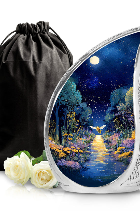 Calming Blue Bee Cremation Urn front view showing detailed design - graceful tear-shaped urn with bee motif - full-size 10 inch 200 cubic inch adult cremation urn
