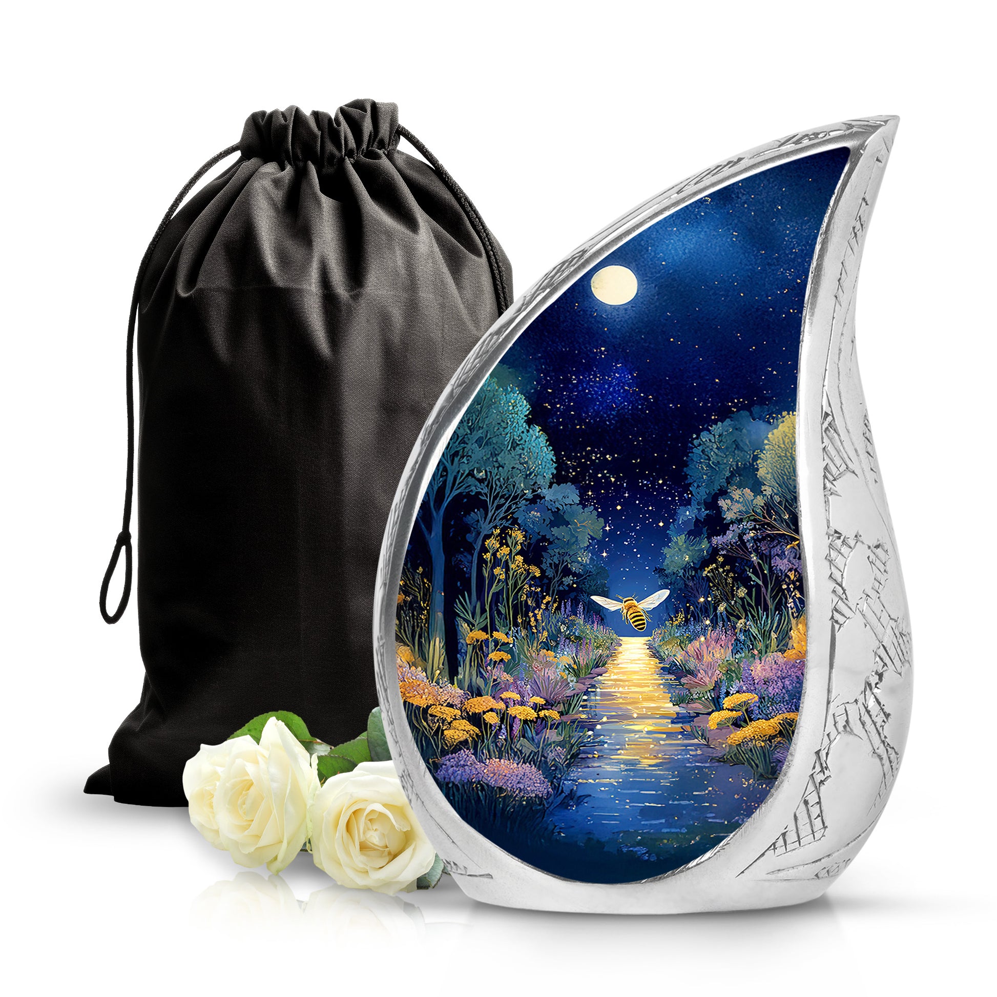 Calming Blue Bee Cremation Urn front view showing detailed design - graceful tear-shaped urn with bee motif - full-size 10 inch 200 cubic inch adult cremation urn