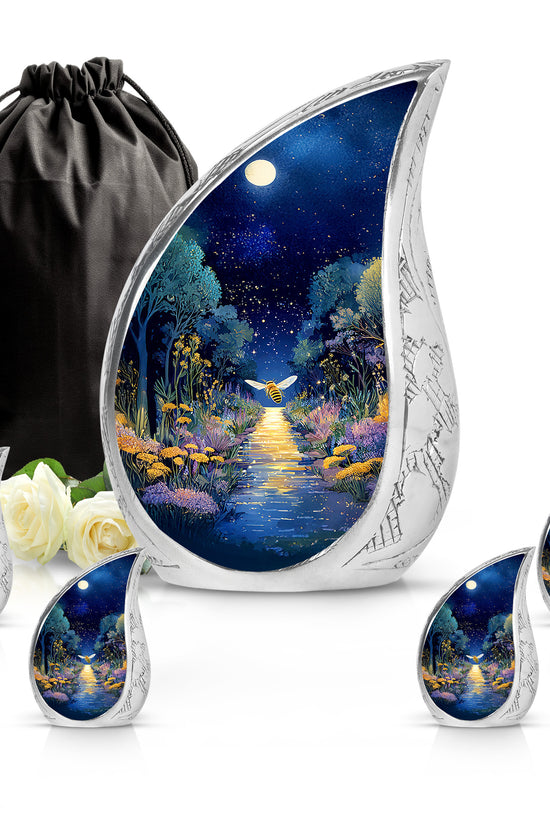 Celestial Blue Bee Cremation Urn side profile showing urn shape - flowing teardrop bee silhouette on curved aluminum - memorial set with one large and four small urns