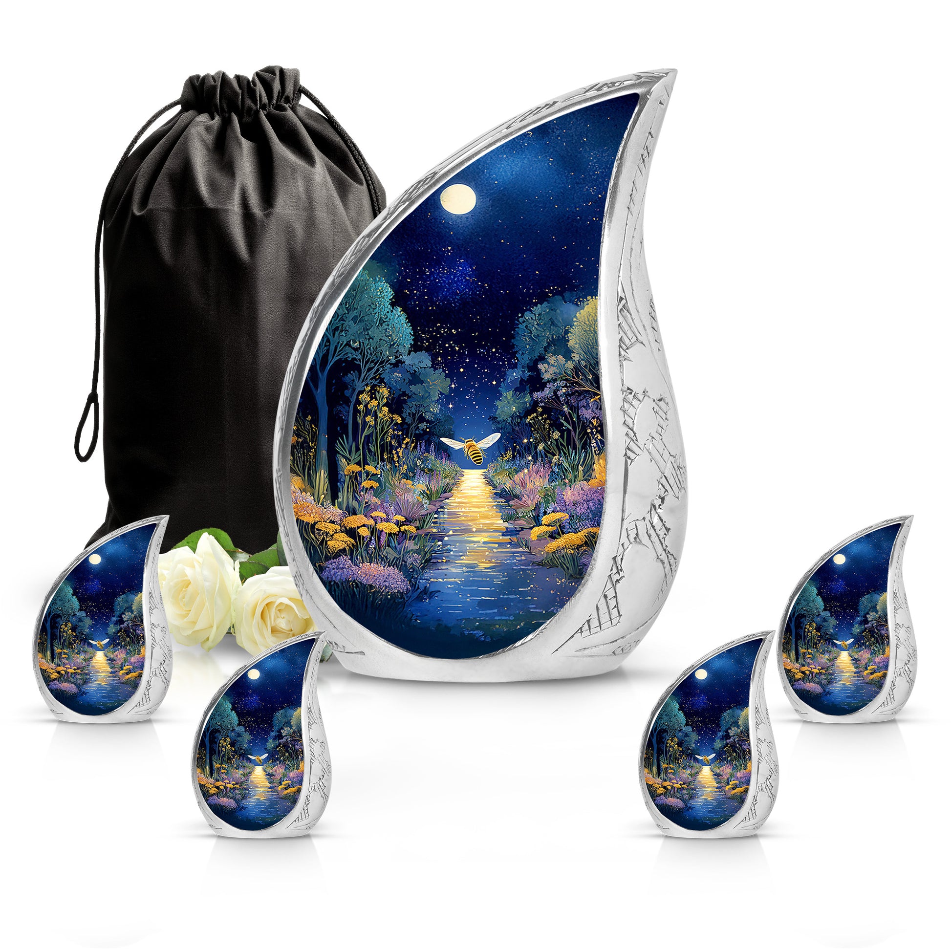 Celestial Blue Bee Cremation Urn side profile showing urn shape - flowing teardrop bee silhouette on curved aluminum - memorial set with one large and four small urns
