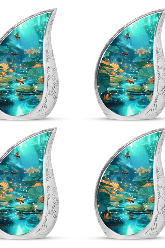 Mystic Teal Bee Cremation Urn close-up of engraving and surface detail - smooth teardrop contour featuring bee art - 10 inch aluminum urn for cremated remains