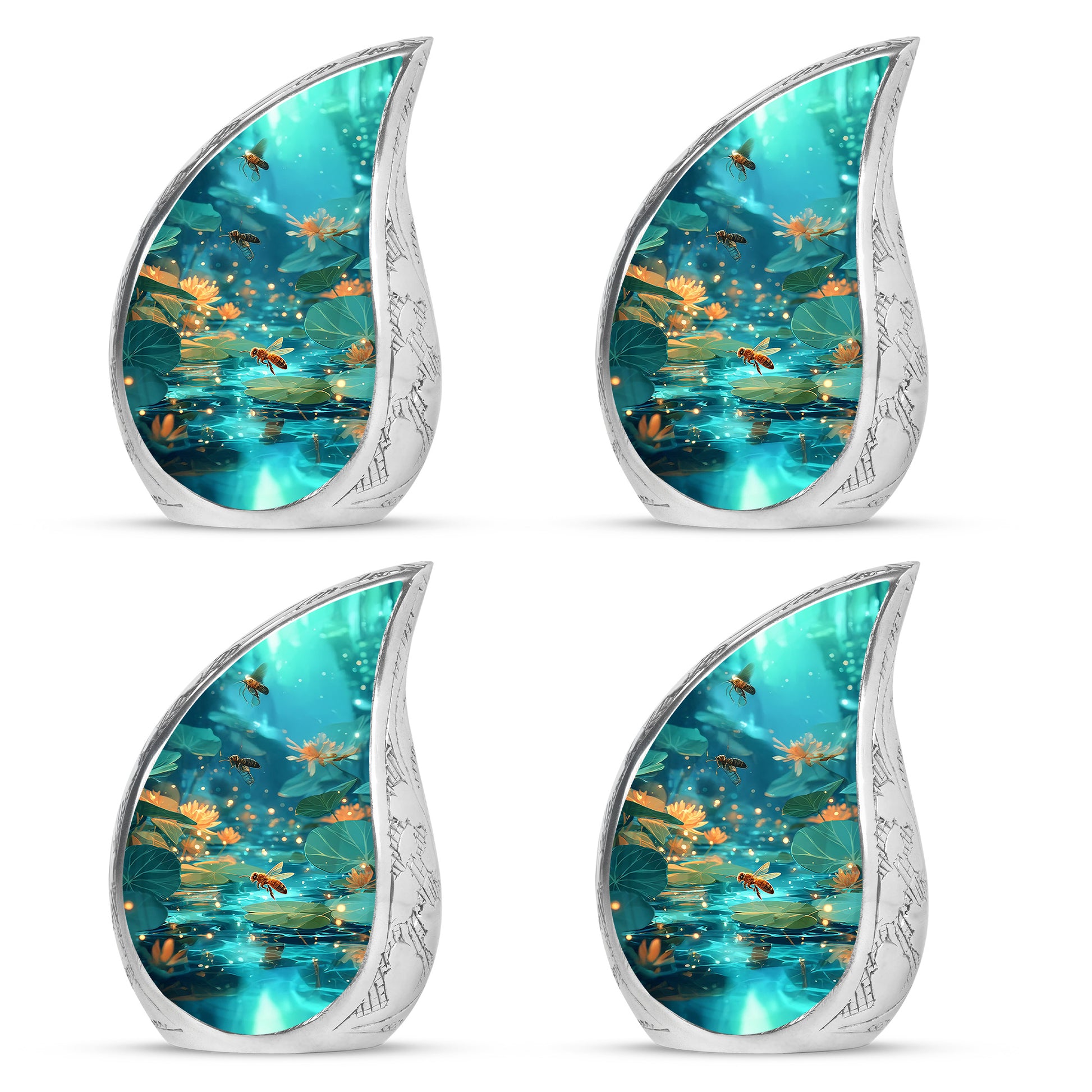 Mystic Teal Bee Cremation Urn close-up of engraving and surface detail - smooth teardrop contour featuring bee art - 10 inch aluminum urn for cremated remains