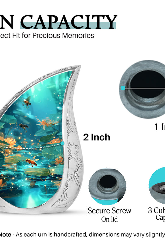 Ocean Teal Bee Cremation Urn angled view of lid and engraved motif - flowing teardrop bee silhouette on curved aluminum - mini keepsake memorial for portion of cremation ashes