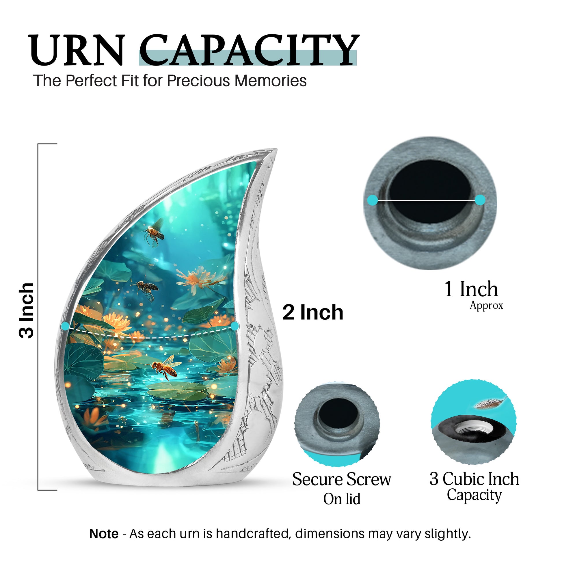Ocean Teal Bee Cremation Urn angled view of lid and engraved motif - flowing teardrop bee silhouette on curved aluminum - mini keepsake memorial for portion of cremation ashes
