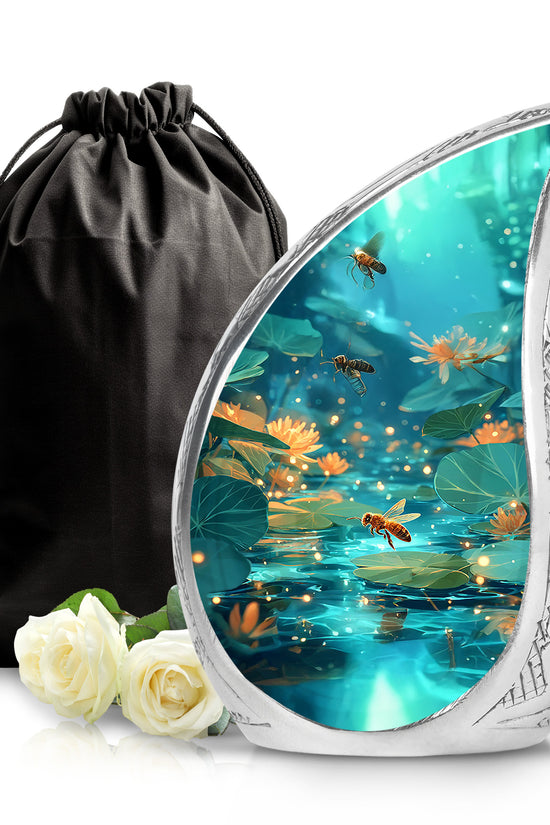 Tropical Teal Bee Cremation Urn front view showing detailed design - smooth teardrop contour featuring bee art - full-size 10 inch 200 cubic inch adult cremation urn