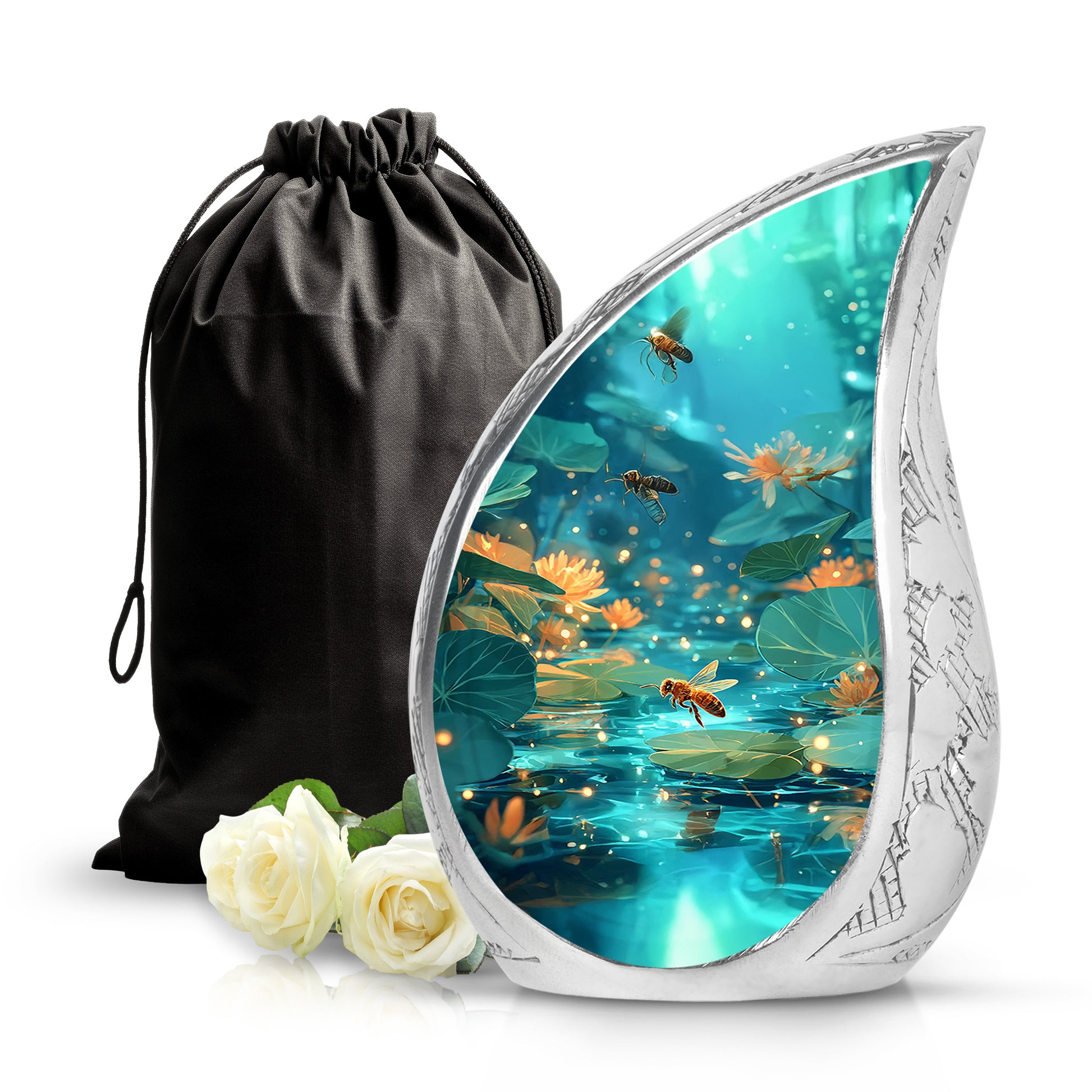 Tropical Teal Bee Cremation Urn front view showing detailed design - smooth teardrop contour featuring bee art - full-size 10 inch 200 cubic inch adult cremation urn