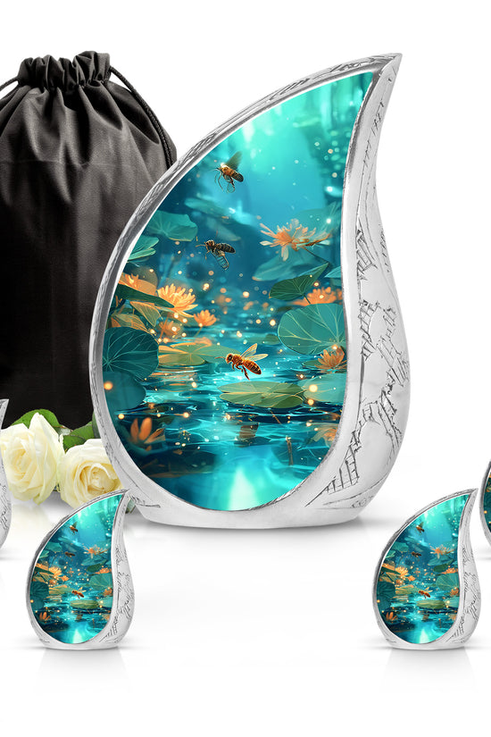 Tropical Teal Bee Cremation Urn side profile showing urn shape - graceful tear-shaped urn with bee motif - memorial set with one large and four small urns