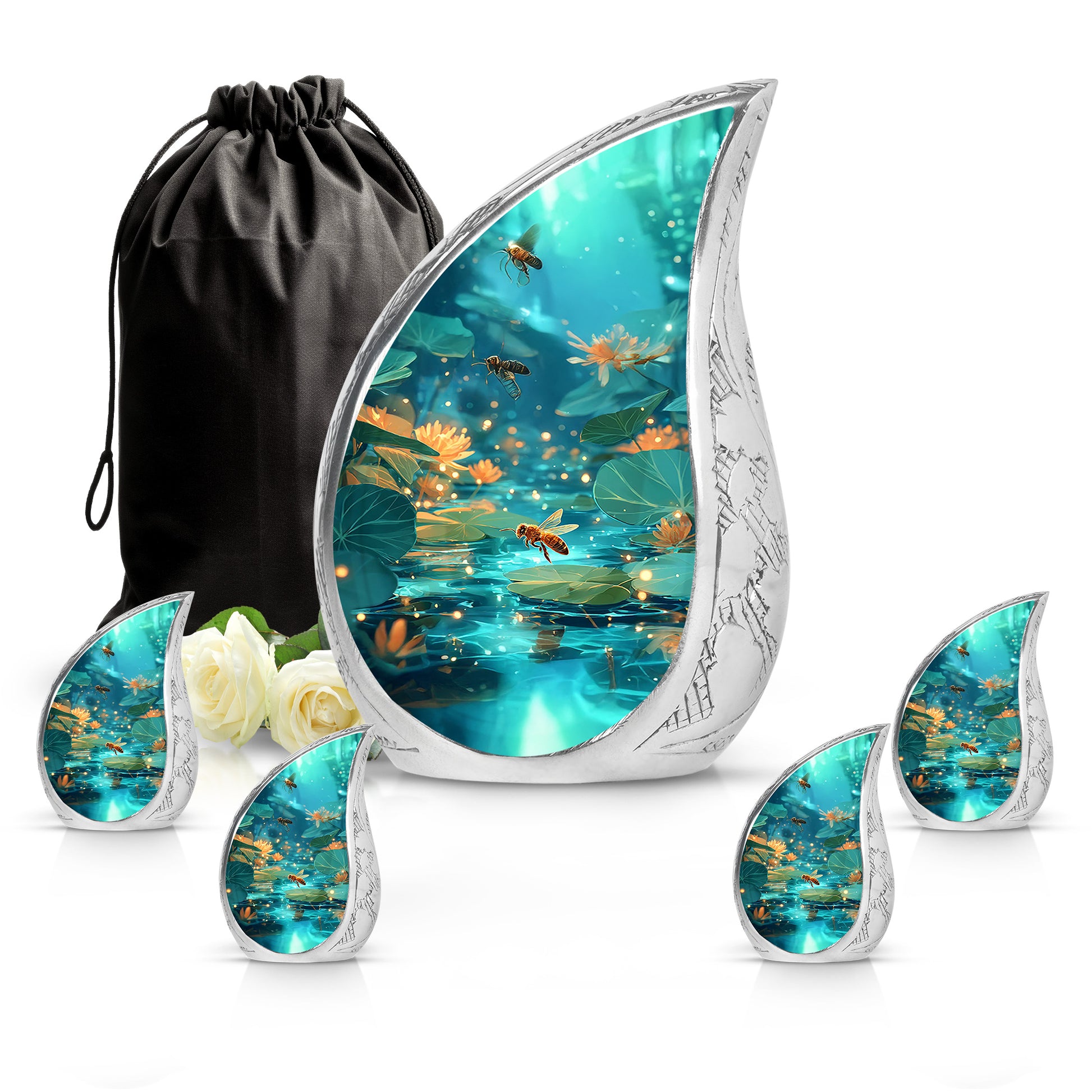 Tropical Teal Bee Cremation Urn side profile showing urn shape - graceful tear-shaped urn with bee motif - memorial set with one large and four small urns