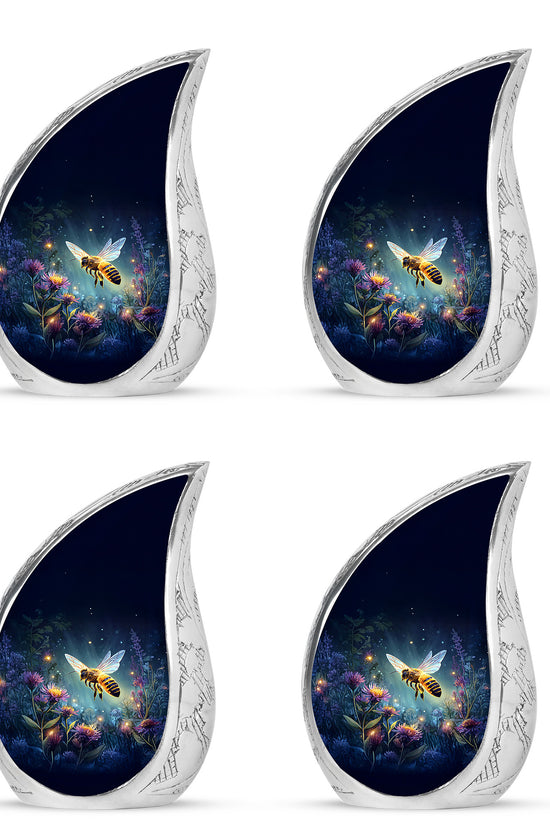 Misty Blue Bee Cremation Urn close-up of engraving and surface detail - flowing teardrop bee silhouette on curved aluminum - 10 inch aluminum urn for cremated remains