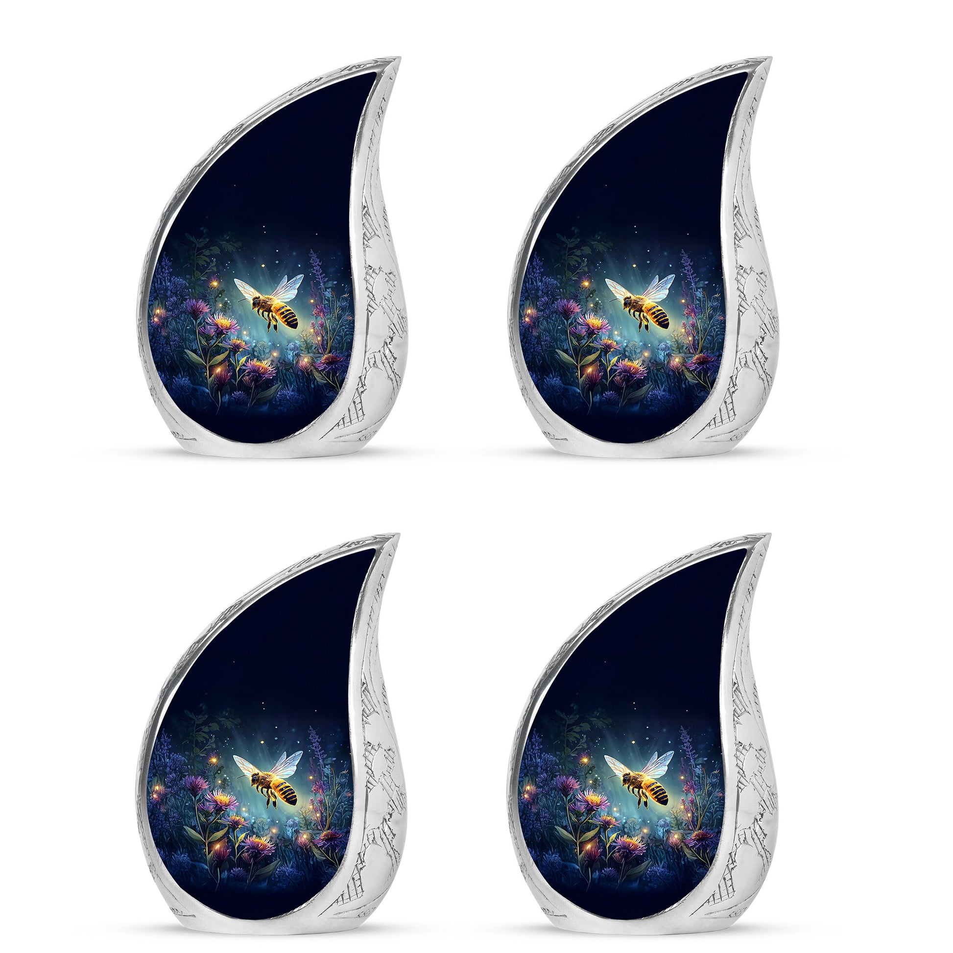 Misty Blue Bee Cremation Urn close-up of engraving and surface detail - flowing teardrop bee silhouette on curved aluminum - 10 inch aluminum urn for cremated remains