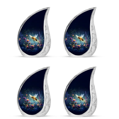 Misty Blue Bee Cremation Urn close-up of engraving and surface detail - flowing teardrop bee silhouette on curved aluminum - 10 inch aluminum urn for cremated remains