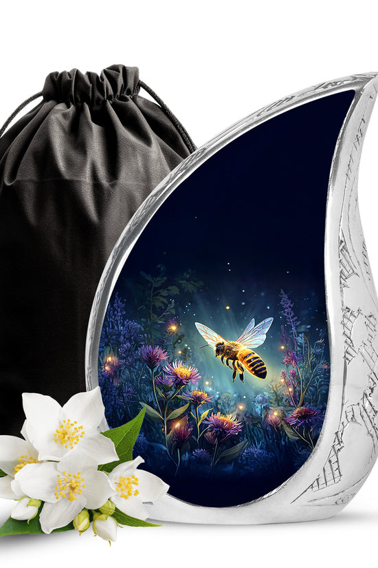 Cobalt Blue Bee Cremation Urn front view showing detailed design - smooth teardrop contour featuring bee art - full-size 10 inch 200 cubic inch adult cremation urn