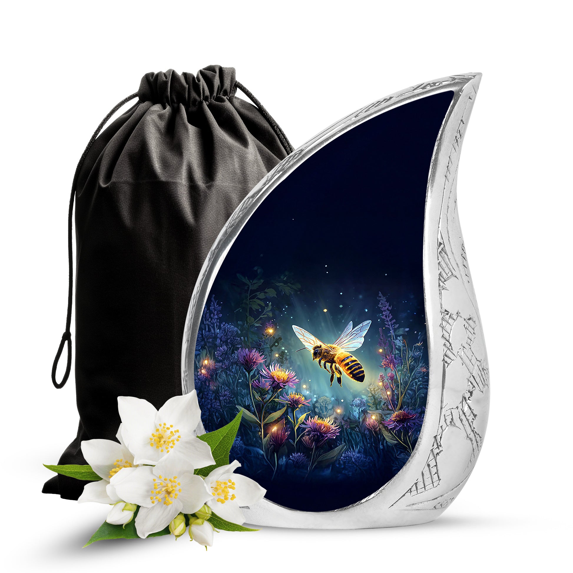 Cobalt Blue Bee Cremation Urn front view showing detailed design - smooth teardrop contour featuring bee art - full-size 10 inch 200 cubic inch adult cremation urn