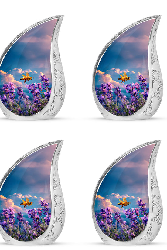 Cornflower Blue Bee Cremation Urn close-up of engraving and surface detail - graceful tear-shaped urn with bee motif - 10 inch aluminum urn for cremated remains