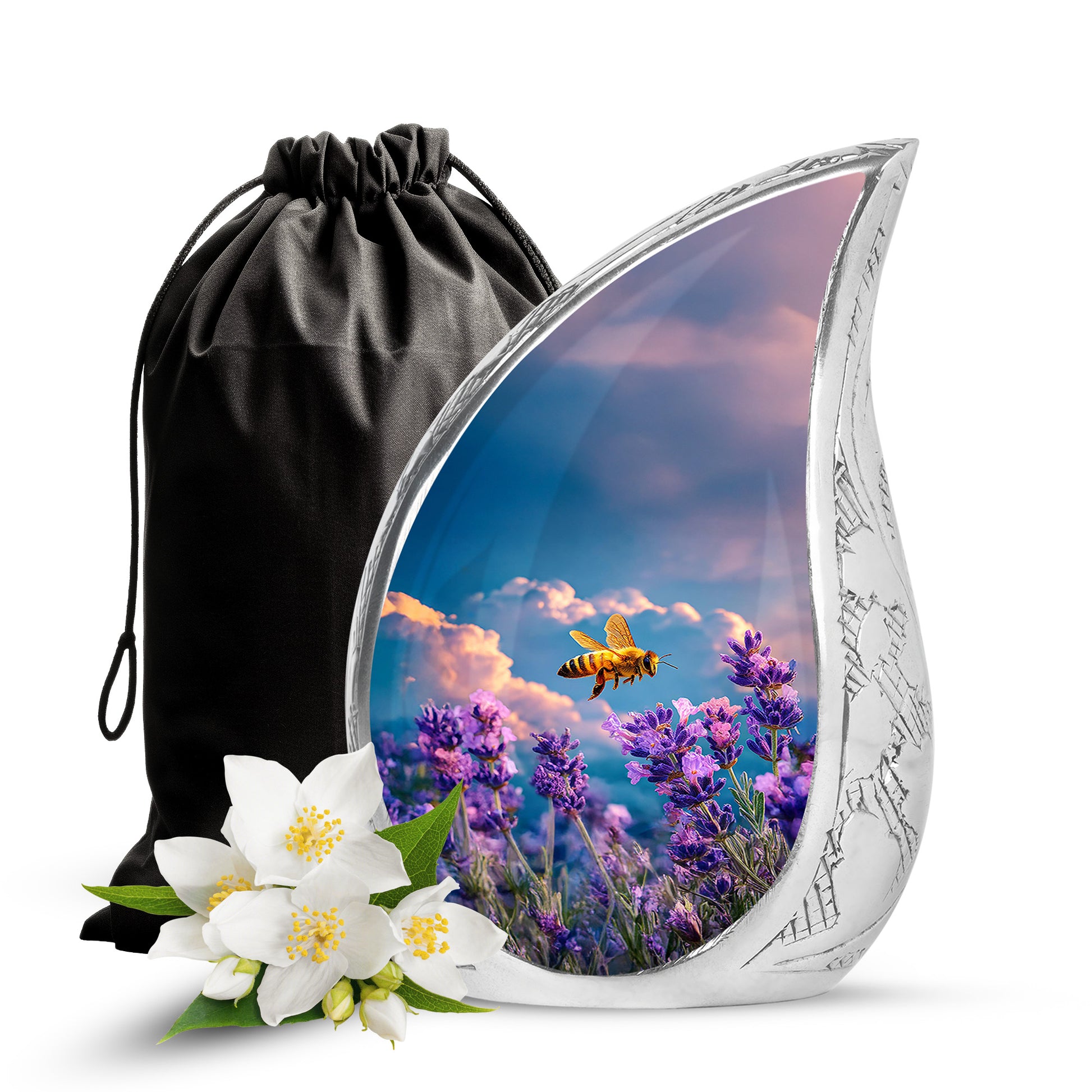 Slate Blue Bee Cremation Urn front view showing detailed design - flowing teardrop bee silhouette on curved aluminum - full-size 10 inch 200 cubic inch adult cremation urn