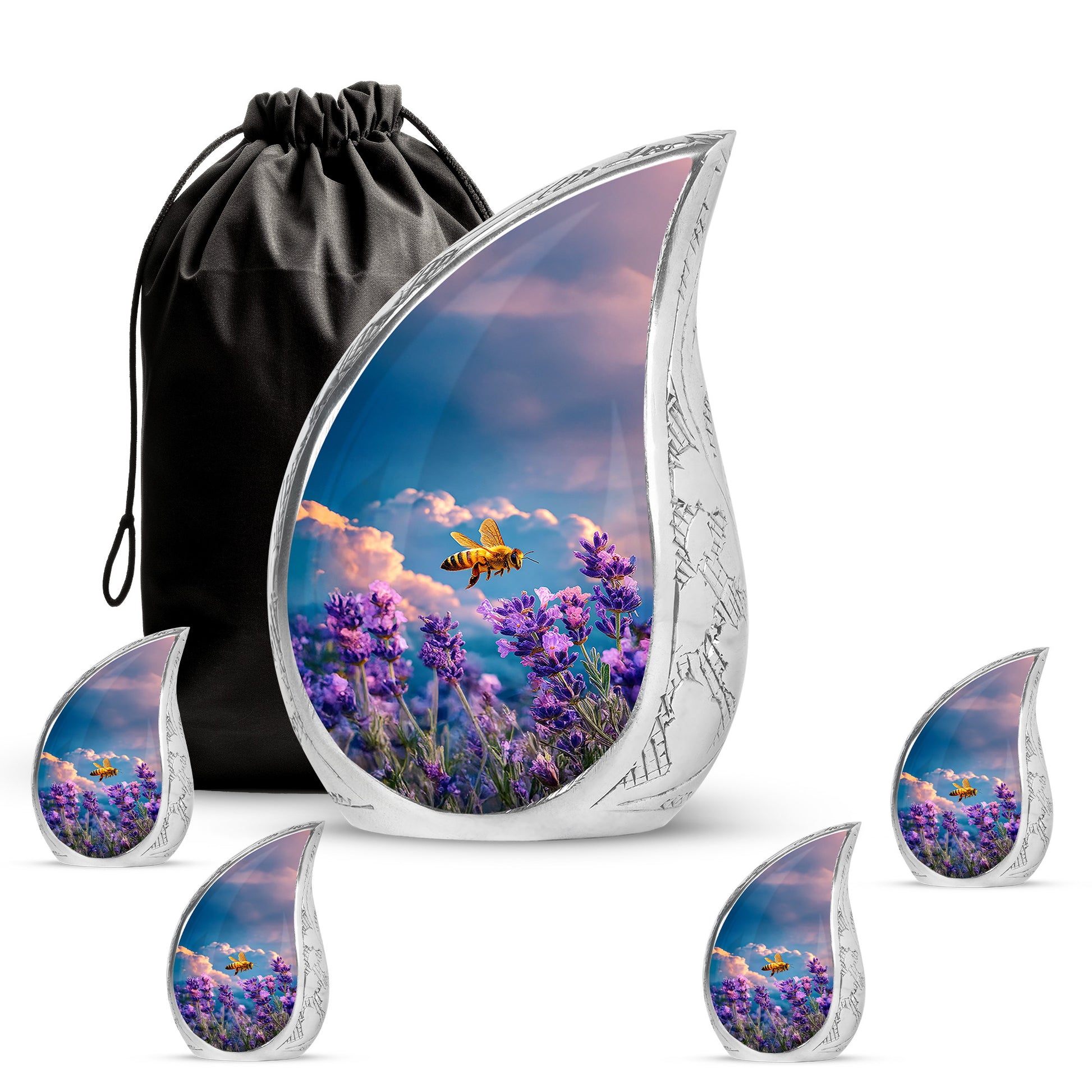 Celestial Blue Bee Cremation Urn side profile showing urn shape - flowing teardrop bee silhouette on curved aluminum - memorial set with one large and four small urns