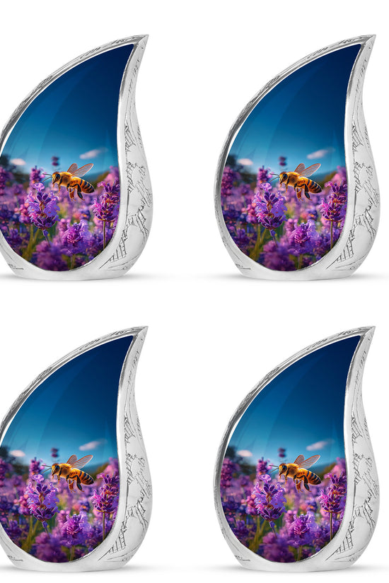 Steel Blue Bee Cremation Urn close-up of engraving and surface detail - graceful tear-shaped urn with bee motif - 10 inch aluminum urn for cremated remains