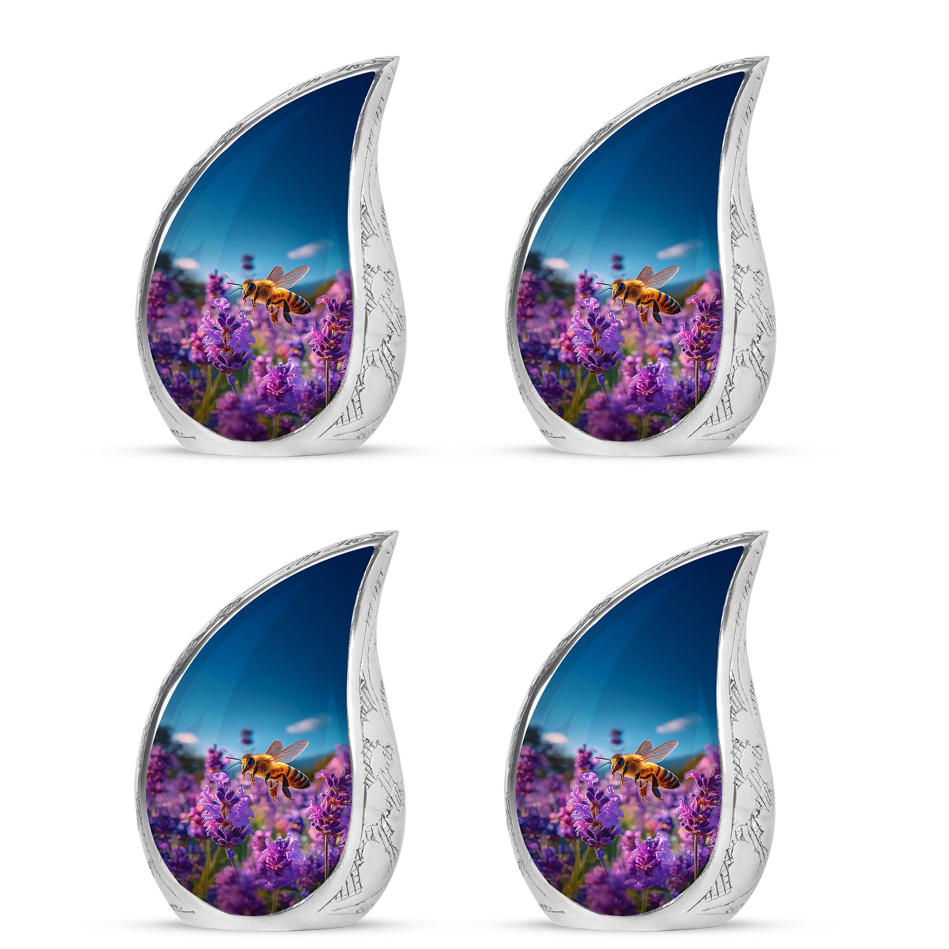 Steel Blue Bee Cremation Urn close-up of engraving and surface detail - graceful tear-shaped urn with bee motif - 10 inch aluminum urn for cremated remains