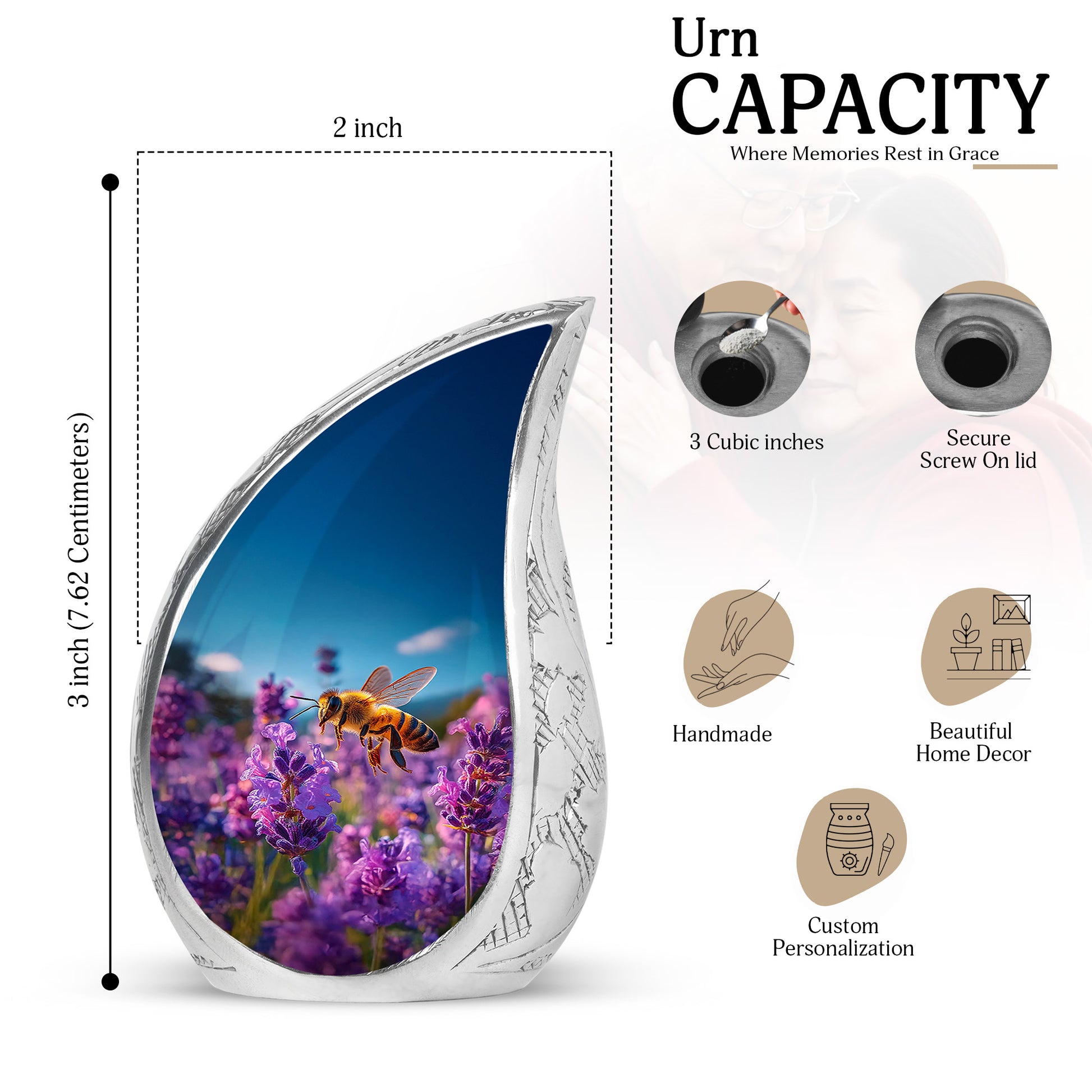 Celestial Blue Bee Cremation Urn angled view of lid and engraved motif - flowing teardrop bee silhouette on curved aluminum - mini keepsake memorial for portion of cremation ashes