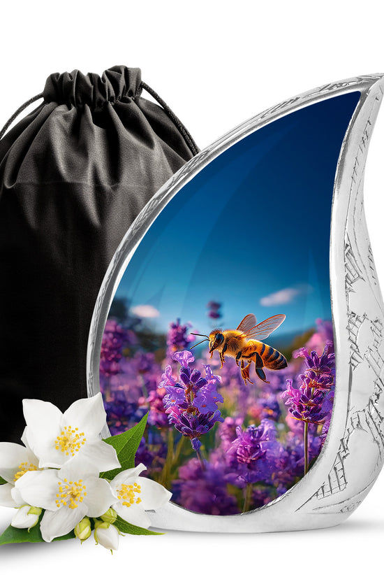 Icy Blue Bee Cremation Urn front view showing detailed design - rounded teardrop bee design with delicate detail - full-size 10 inch 200 cubic inch adult cremation urn