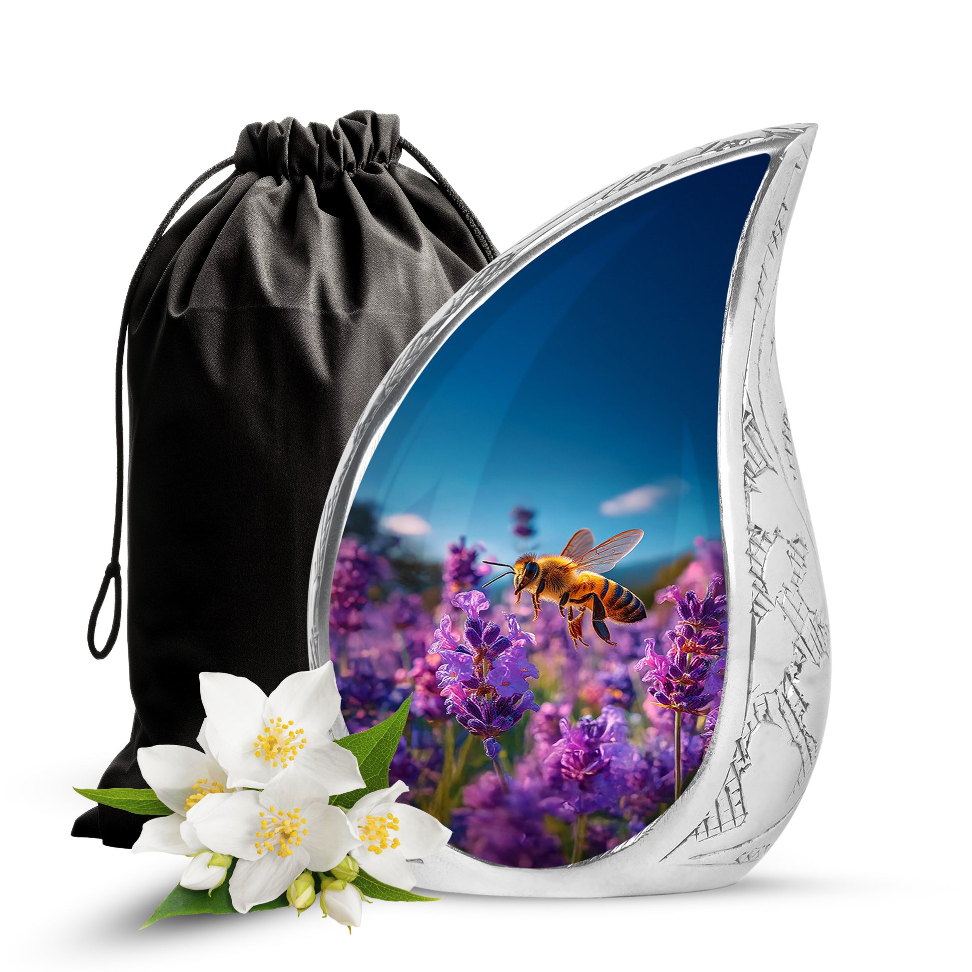 Icy Blue Bee Cremation Urn front view showing detailed design - rounded teardrop bee design with delicate detail - full-size 10 inch 200 cubic inch adult cremation urn