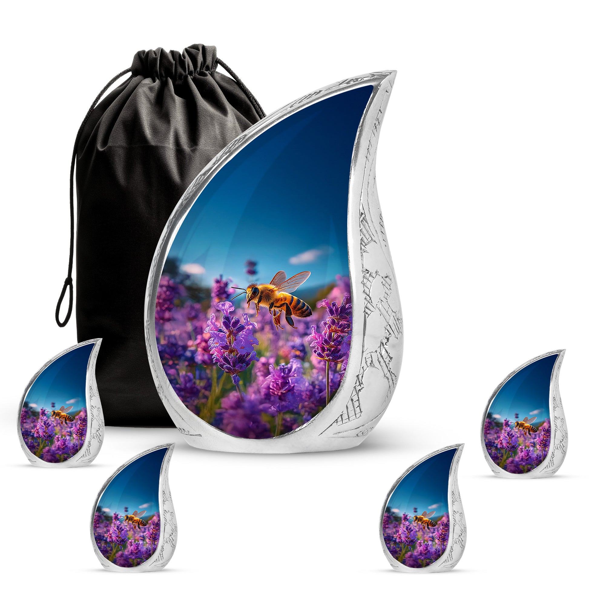 Soft Blue Bee Cremation Urn side profile showing urn shape - smooth teardrop contour featuring bee art - memorial set with one large and four small urns