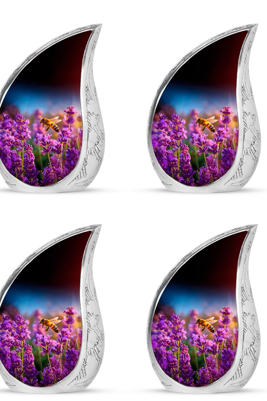 Dusty Blue Bee Cremation Urn close-up of engraving and surface detail - rounded teardrop bee design with delicate detail - 10 inch aluminum urn for cremated remains