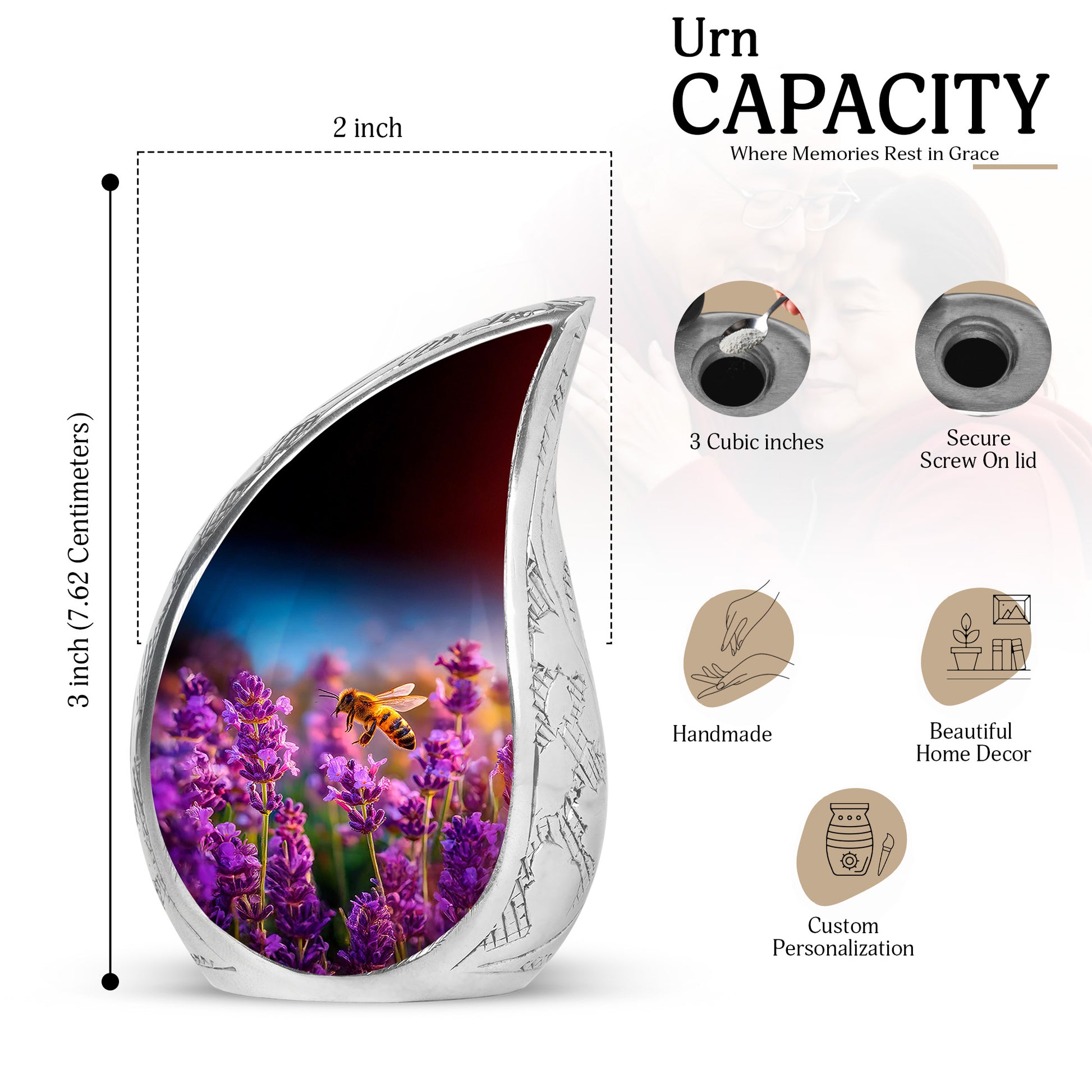 Vivid Blue Bee Cremation Urn angled view of lid and engraved motif - smooth teardrop contour featuring bee art - mini keepsake memorial for portion of cremation ashes
