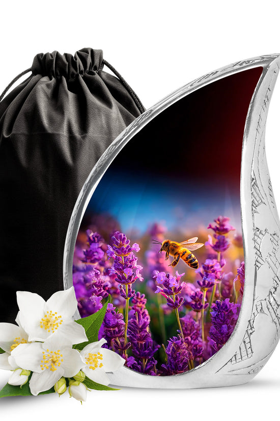 Cornflower Blue Bee Cremation Urn front view showing detailed design - graceful tear-shaped urn with bee motif - full-size 10 inch 200 cubic inch adult cremation urn