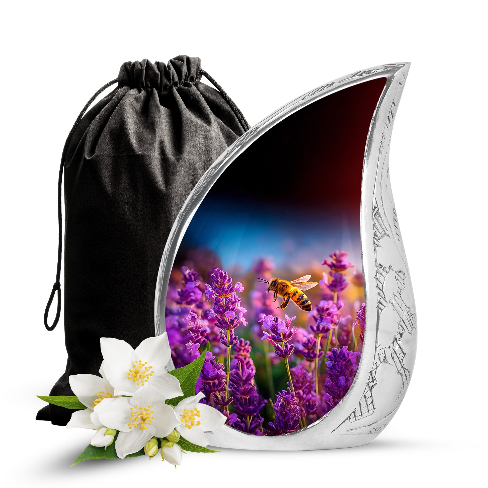 Cornflower Blue Bee Cremation Urn front view showing detailed design - graceful tear-shaped urn with bee motif - full-size 10 inch 200 cubic inch adult cremation urn