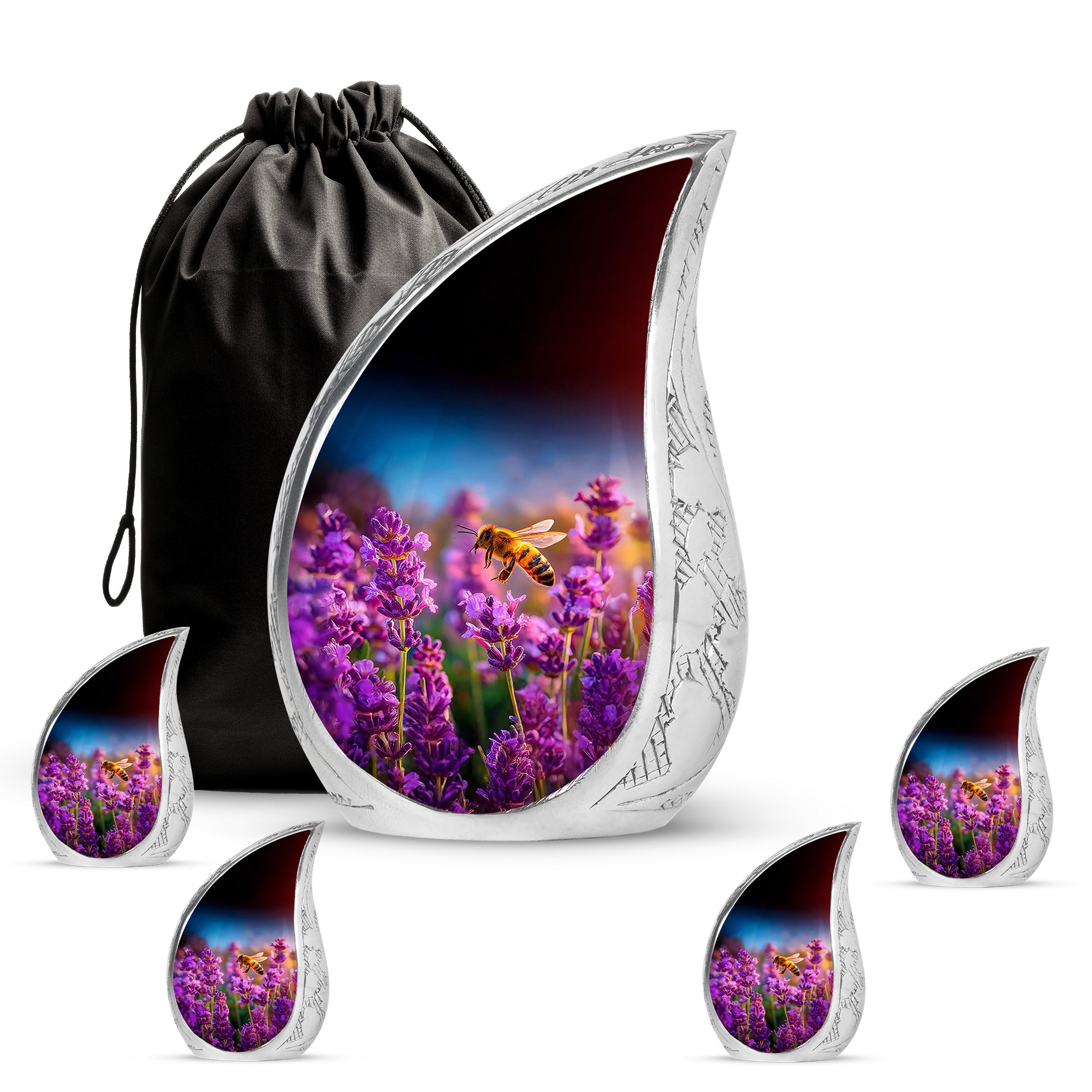 Celestial Blue Bee Cremation Urn side profile showing urn shape - rounded teardrop bee design with delicate detail - memorial set with one large and four small urns