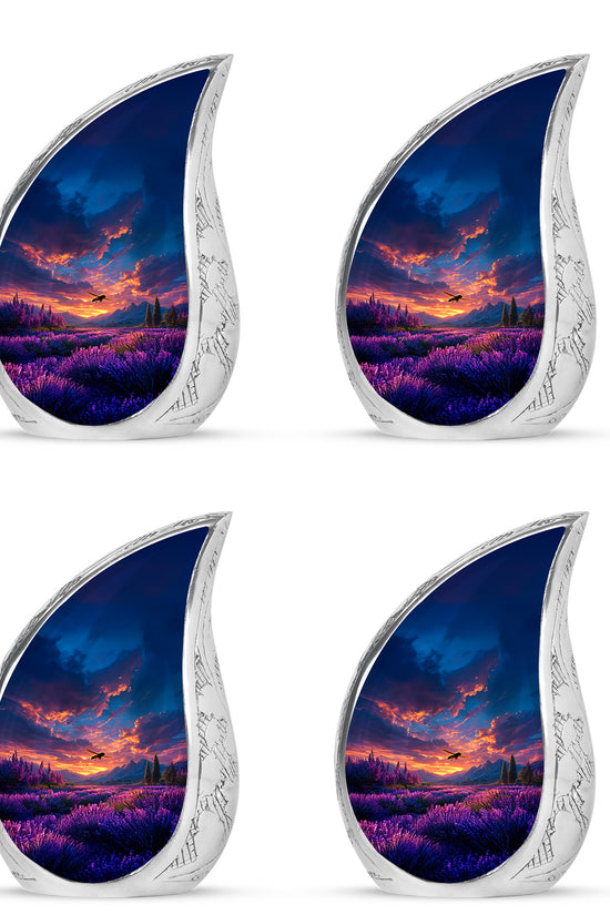 Sapphire Blue Bee Cremation Urn close-up of engraving and surface detail - smooth teardrop contour featuring bee art - 10 inch aluminum urn for cremated remains