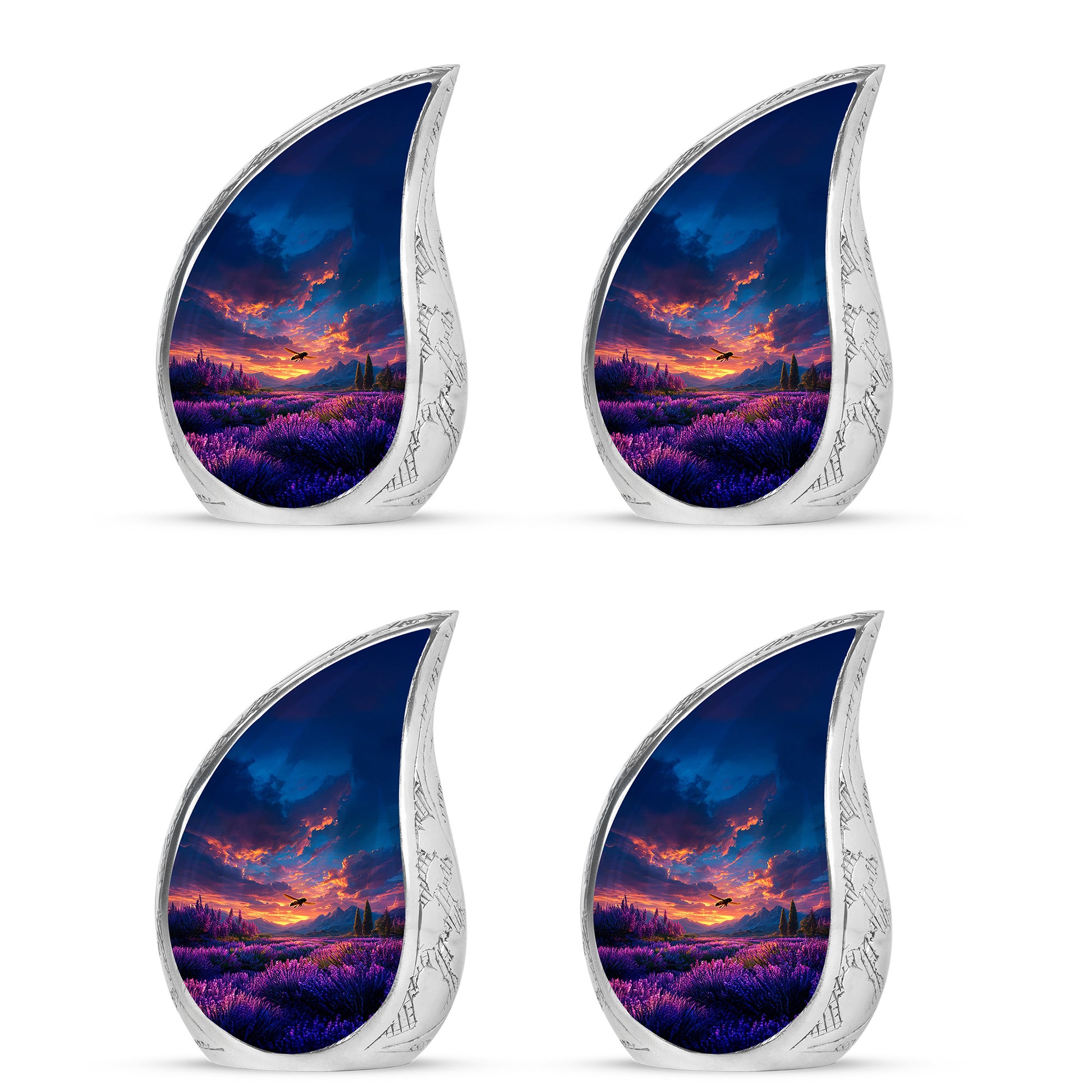 Sapphire Blue Bee Cremation Urn close-up of engraving and surface detail - smooth teardrop contour featuring bee art - 10 inch aluminum urn for cremated remains
