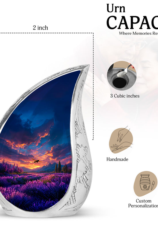 Pastel Blue Bee Cremation Urn angled view of lid and engraved motif - rounded teardrop bee design with delicate detail - mini keepsake memorial for portion of cremation ashes
