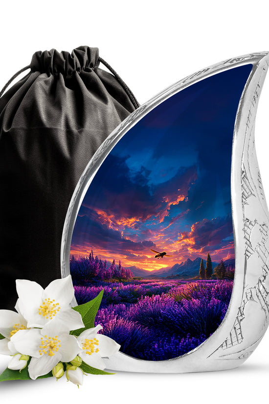Azure Bee Cremation Urn front view showing detailed design - rounded teardrop bee design with delicate detail - full-size 10 inch 200 cubic inch adult cremation urn