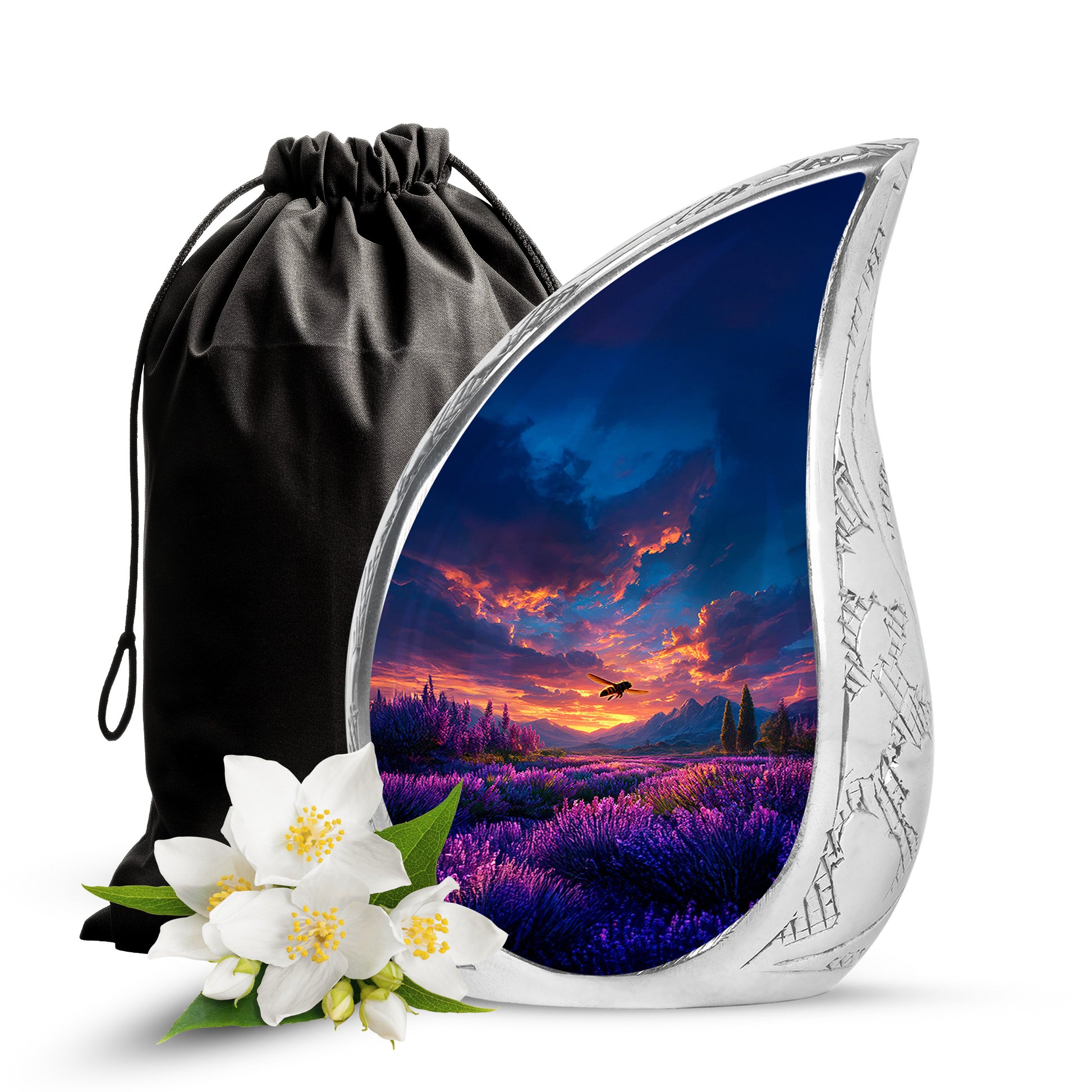 Azure Bee Cremation Urn front view showing detailed design - rounded teardrop bee design with delicate detail - full-size 10 inch 200 cubic inch adult cremation urn