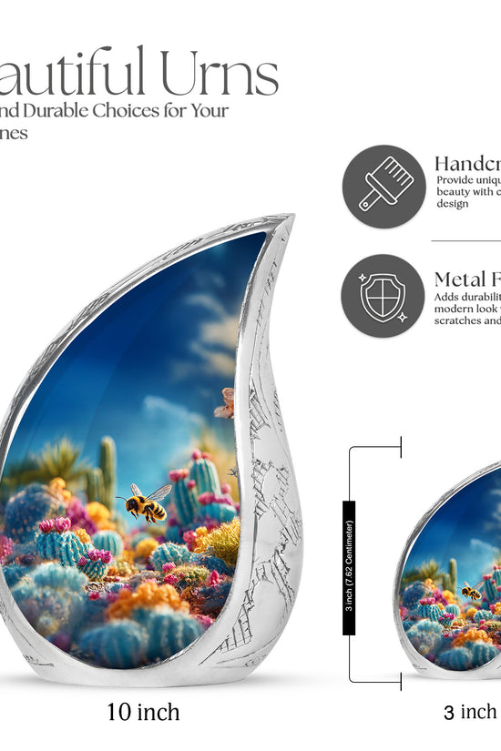 Cobalt Blue Bee Cremation Urn angled view of lid and engraved motif - smooth teardrop contour featuring bee art - mini keepsake memorial for portion of cremation ashes