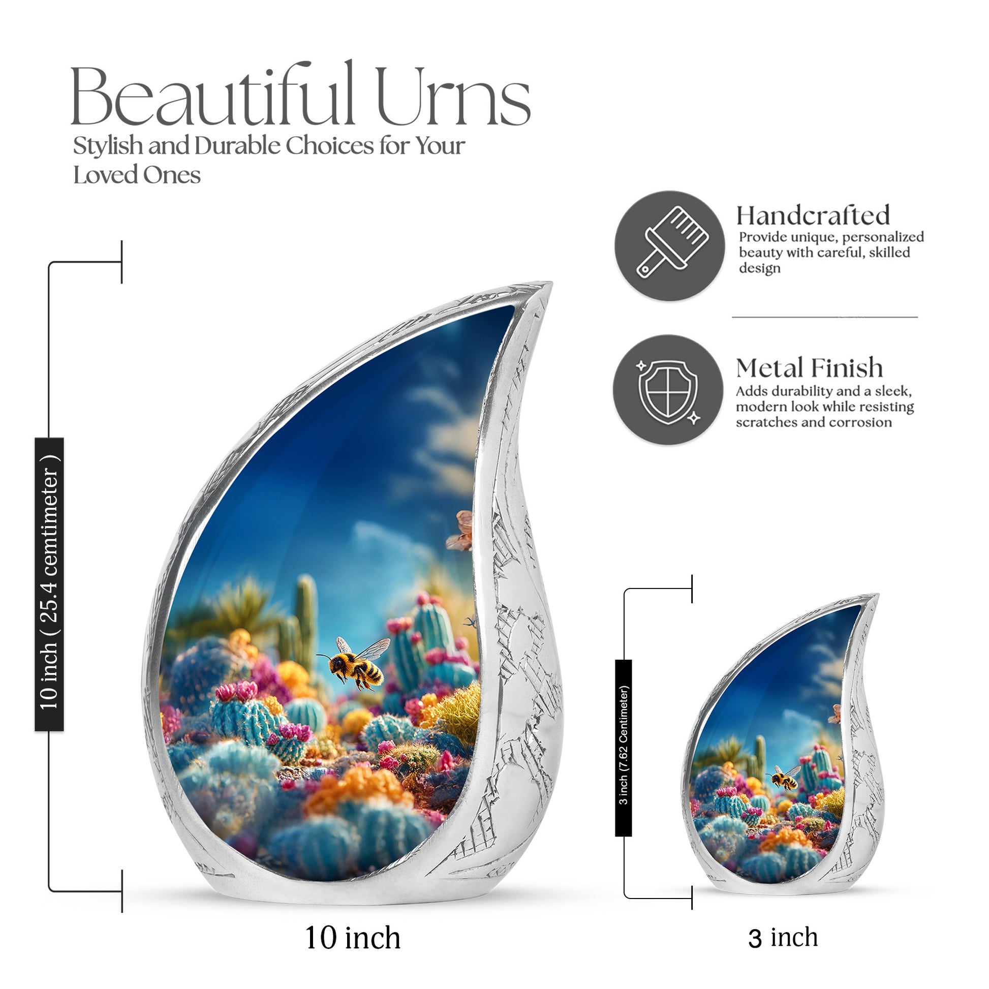Cobalt Blue Bee Cremation Urn angled view of lid and engraved motif - smooth teardrop contour featuring bee art - mini keepsake memorial for portion of cremation ashes