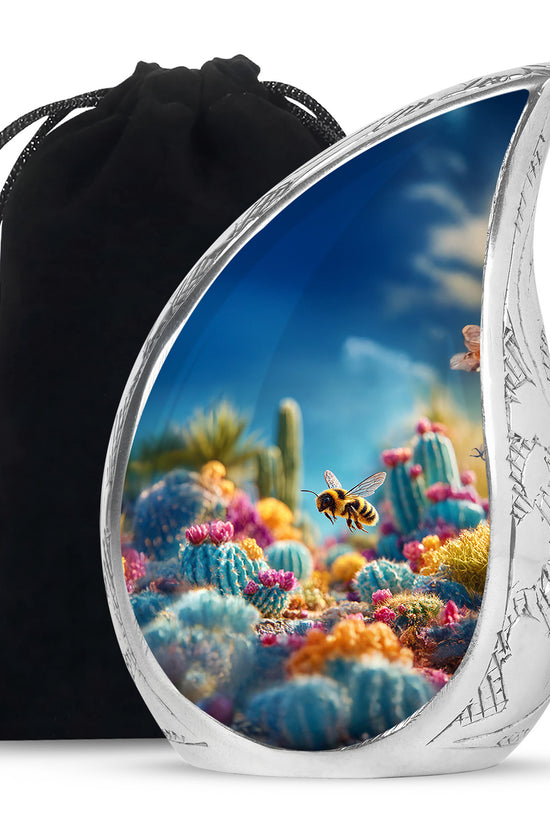 Pastel Blue Bee Cremation Urn front view showing detailed design - rounded teardrop bee design with delicate detail - full-size 10 inch 200 cubic inch adult cremation urn
