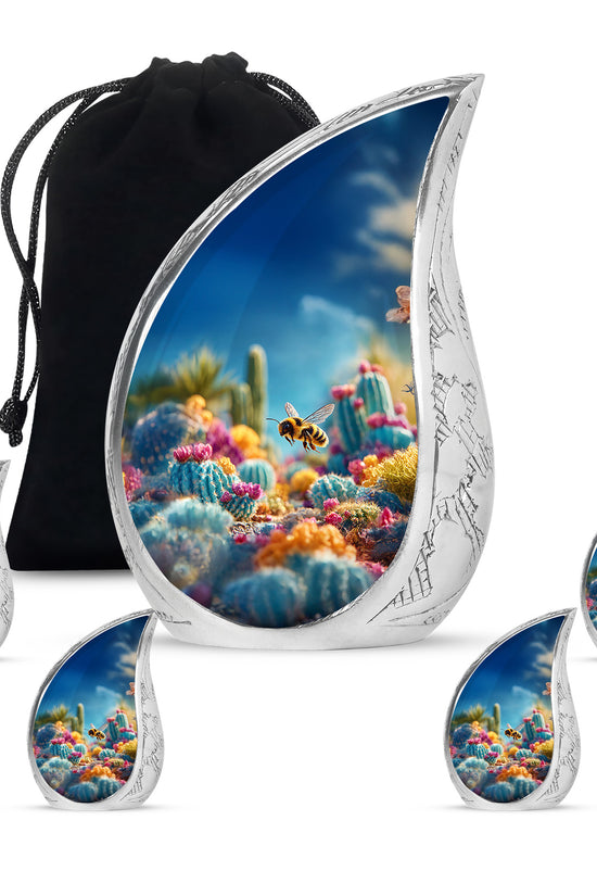 Azure Bee Cremation Urn side profile showing urn shape - flowing teardrop bee silhouette on curved aluminum - memorial set with one large and four small urns