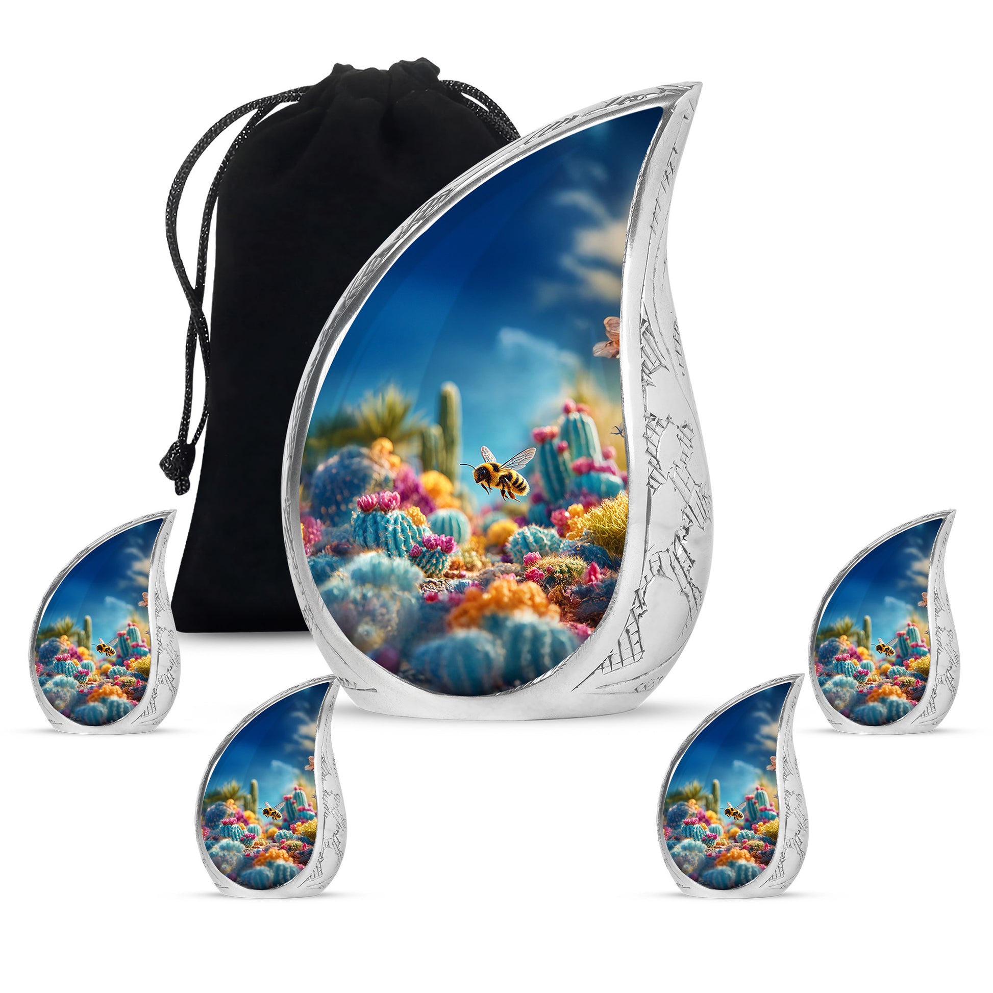 Azure Bee Cremation Urn side profile showing urn shape - flowing teardrop bee silhouette on curved aluminum - memorial set with one large and four small urns