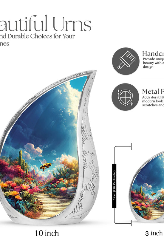 Pastel Blue Bee Cremation Urn angled view of lid and engraved motif - flowing teardrop bee silhouette on curved aluminum - mini keepsake memorial for portion of cremation ashes