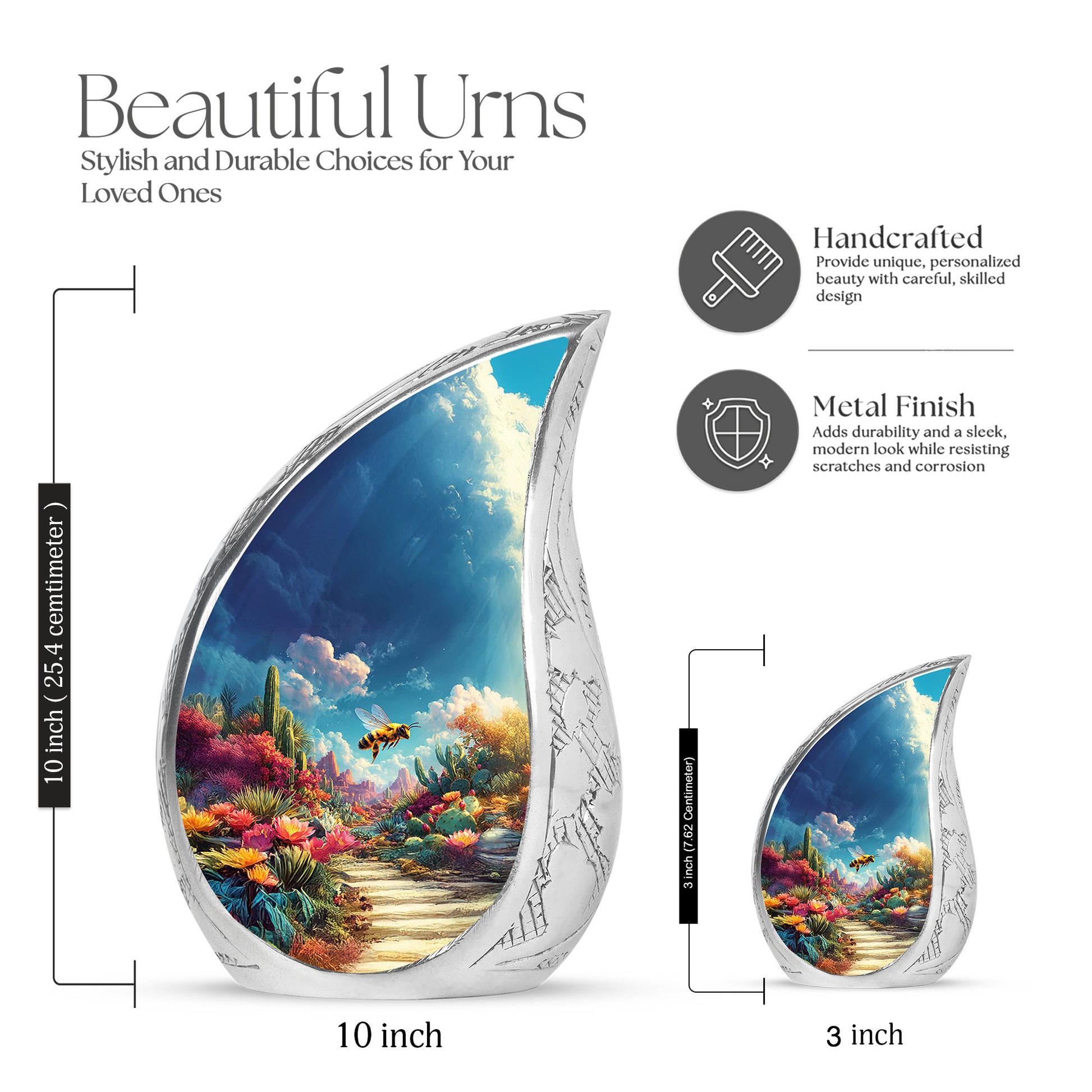 Pastel Blue Bee Cremation Urn angled view of lid and engraved motif - flowing teardrop bee silhouette on curved aluminum - mini keepsake memorial for portion of cremation ashes