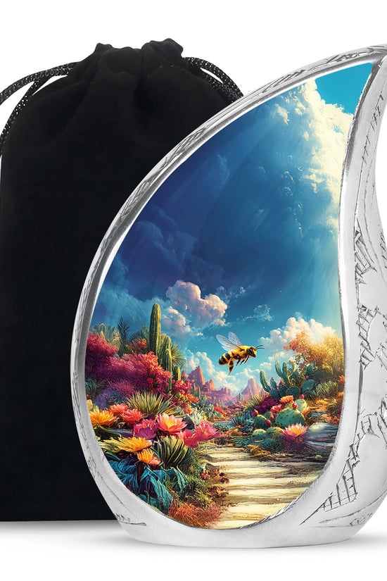 Navy Blue Bee Cremation Urn front view showing detailed design - rounded teardrop bee design with delicate detail - full-size 10 inch 200 cubic inch adult cremation urn