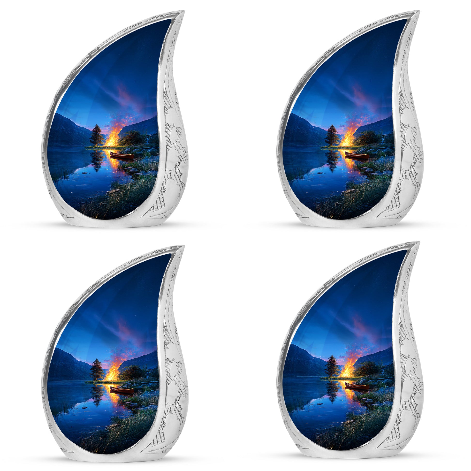 Calming Blue Campfire Cremation Urn close-up of engraving and surface detail - smooth teardrop contour featuring campfire art - 10 inch aluminum urn for cremated remains