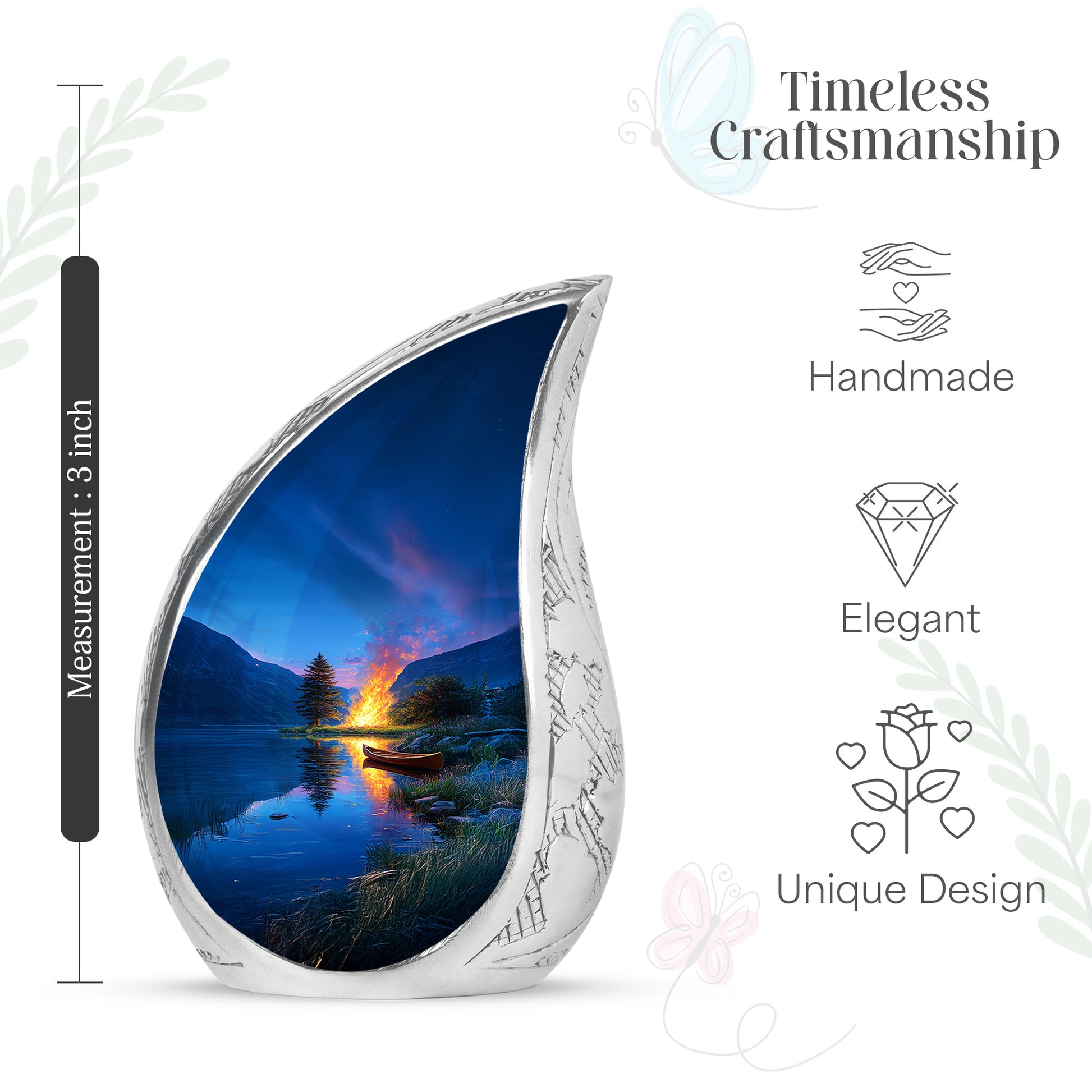 Cornflower Blue Campfire Cremation Urn angled view of lid and engraved motif - smooth teardrop contour featuring campfire art - mini keepsake memorial for portion of cremation ashes