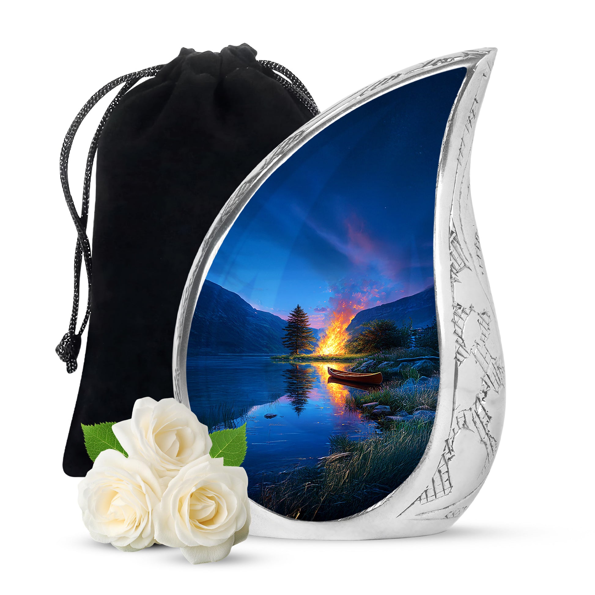 Azure Campfire Cremation Urn front view showing detailed design - flowing teardrop campfire silhouette on curved aluminum - full-size 10 inch 200 cubic inch adult cremation urn