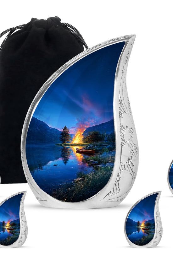 Azure Campfire Cremation Urn side profile showing urn shape - rounded teardrop campfire design with delicate detail - memorial set with one large and four small urns