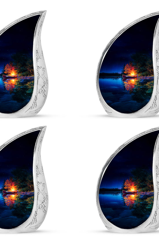 Cobalt Blue Campfire Cremation Urn close-up of engraving and surface detail - smooth teardrop contour featuring campfire art - 10 inch aluminum urn for cremated remains